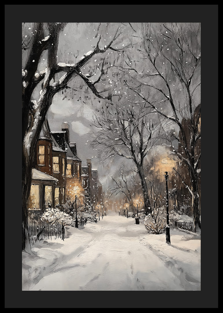 Painted winter street with snow, street lamps and warm window lights-12