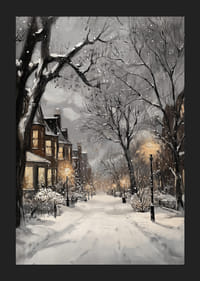 Painted winter street with snow, street lamps and warm window lights-5