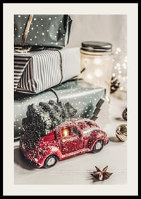 Green polka dot Christmas presents and red toy car with fir tree-2