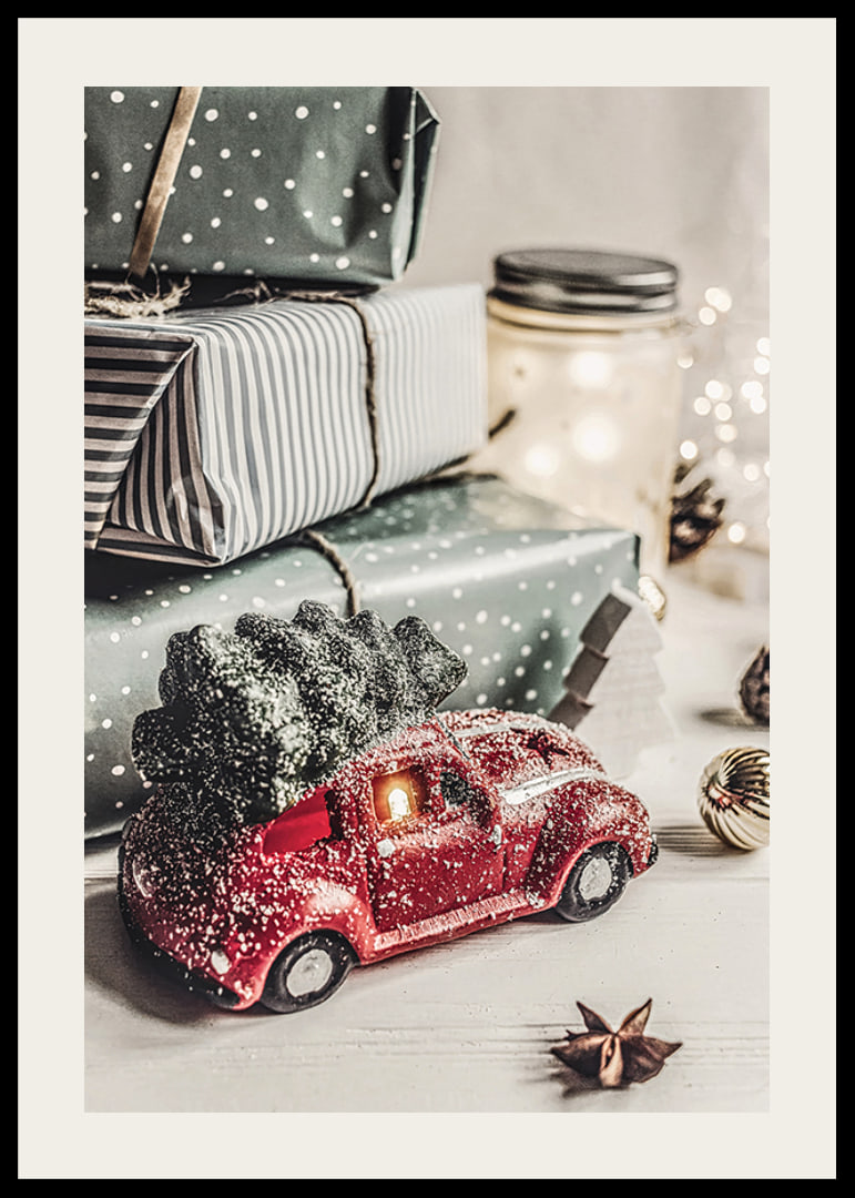 Green polka dot Christmas presents and red toy car with fir tree-12