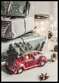 Green polka dot Christmas presents and red toy car with fir tree-6