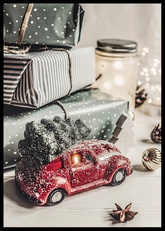 Green polka dot Christmas presents and red toy car with fir tree-12