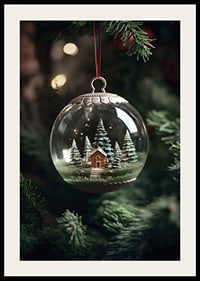 Photograph of snow globe with red cottage and fir trees in Christmas tree-2