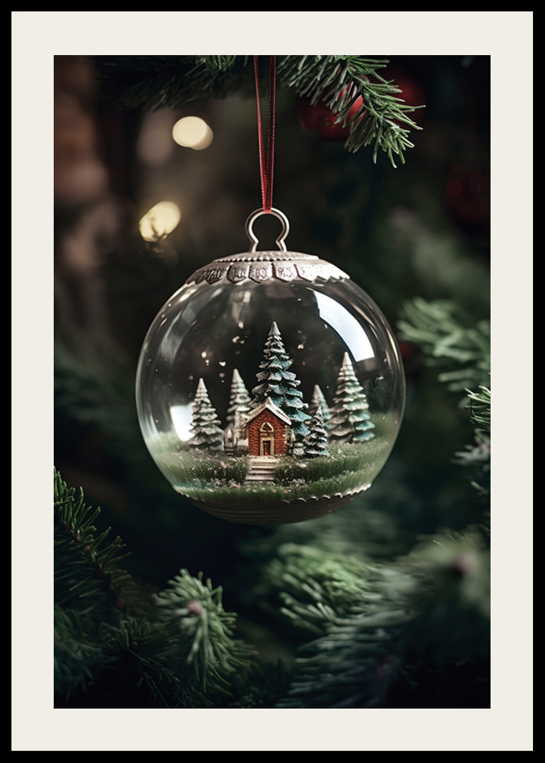 Photograph of snow globe with red cottage and fir trees in Christmas tree-12