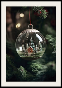 Hógömb fényképe piros házikóval és fenyőfákkal a karácsonyfán-2