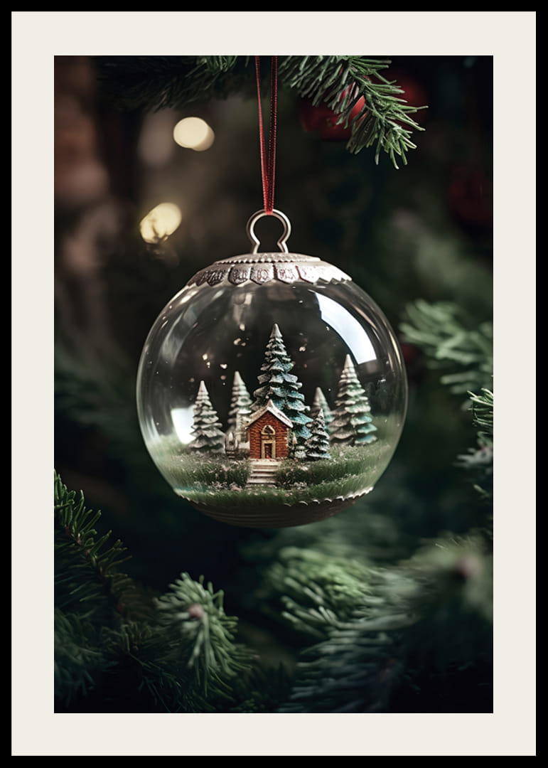 Hógömb fényképe piros házikóval és fenyőfákkal a karácsonyfán-12