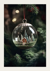 Hógömb fényképe piros házikóval és fenyőfákkal a karácsonyfán-3