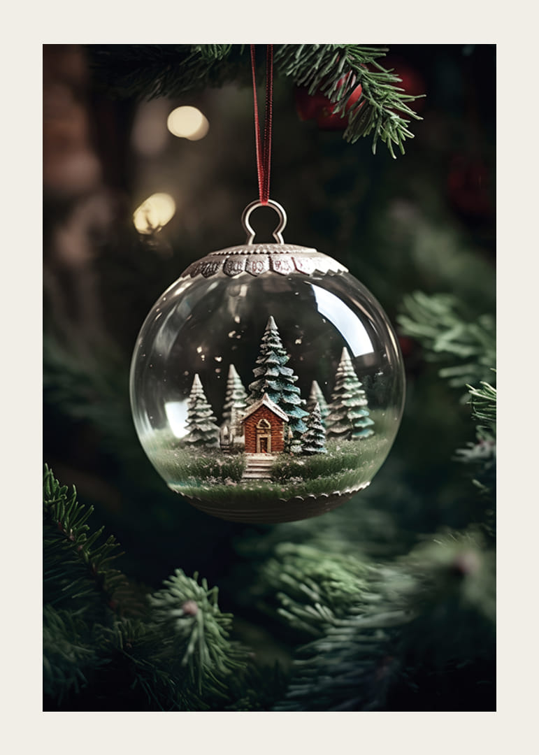 Hógömb fényképe piros házikóval és fenyőfákkal a karácsonyfán-12