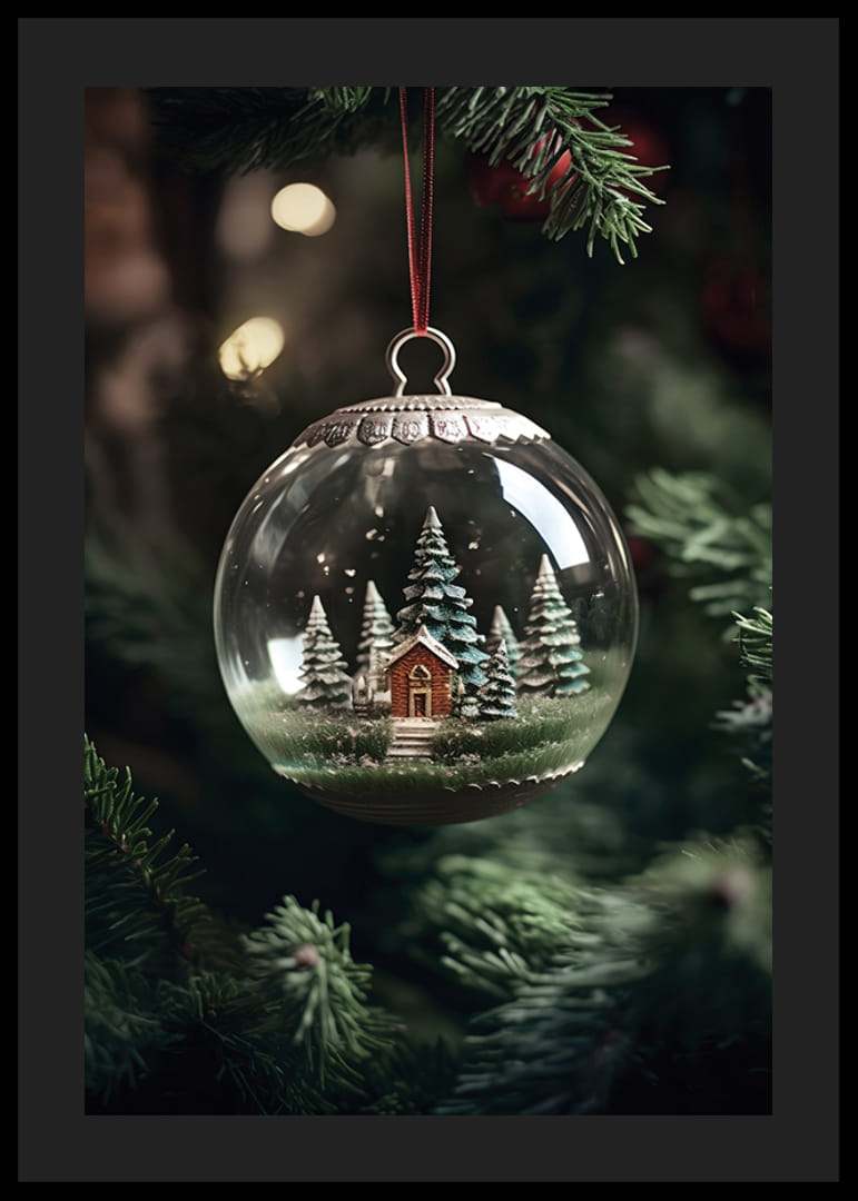 Hógömb fényképe piros házikóval és fenyőfákkal a karácsonyfán-12