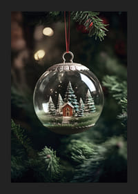 Hógömb fényképe piros házikóval és fenyőfákkal a karácsonyfán-5