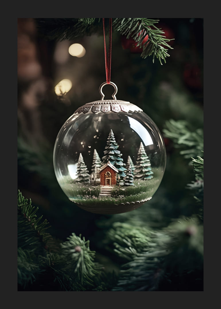 Hógömb fényképe piros házikóval és fenyőfákkal a karácsonyfán-12