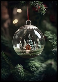Photograph of snow globe with red cottage and fir trees in Christmas tree-6