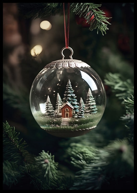 Photograph of snow globe with red cottage and fir trees in Christmas tree-12