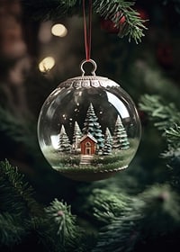 Photograph of snow globe with red cottage and fir trees in Christmas tree-7