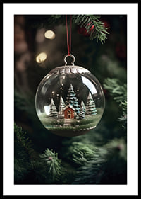 Photograph of snow globe with red cottage and fir trees in Christmas tree-0