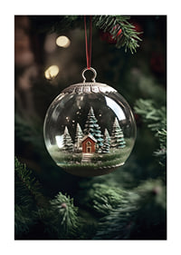 Photograph of snow globe with red cottage and fir trees in Christmas tree-1