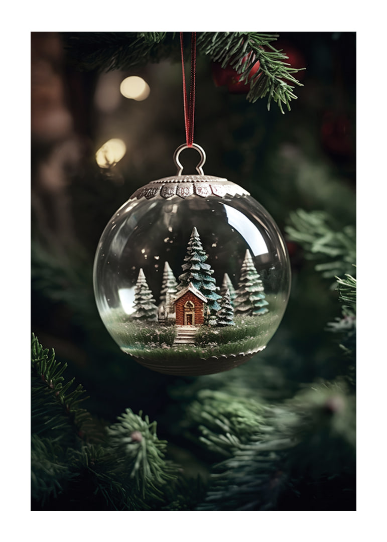 Photograph of snow globe with red cottage and fir trees in Christmas tree-12