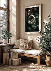 Photograph of snow globe with red cottage and fir trees in Christmas tree-8