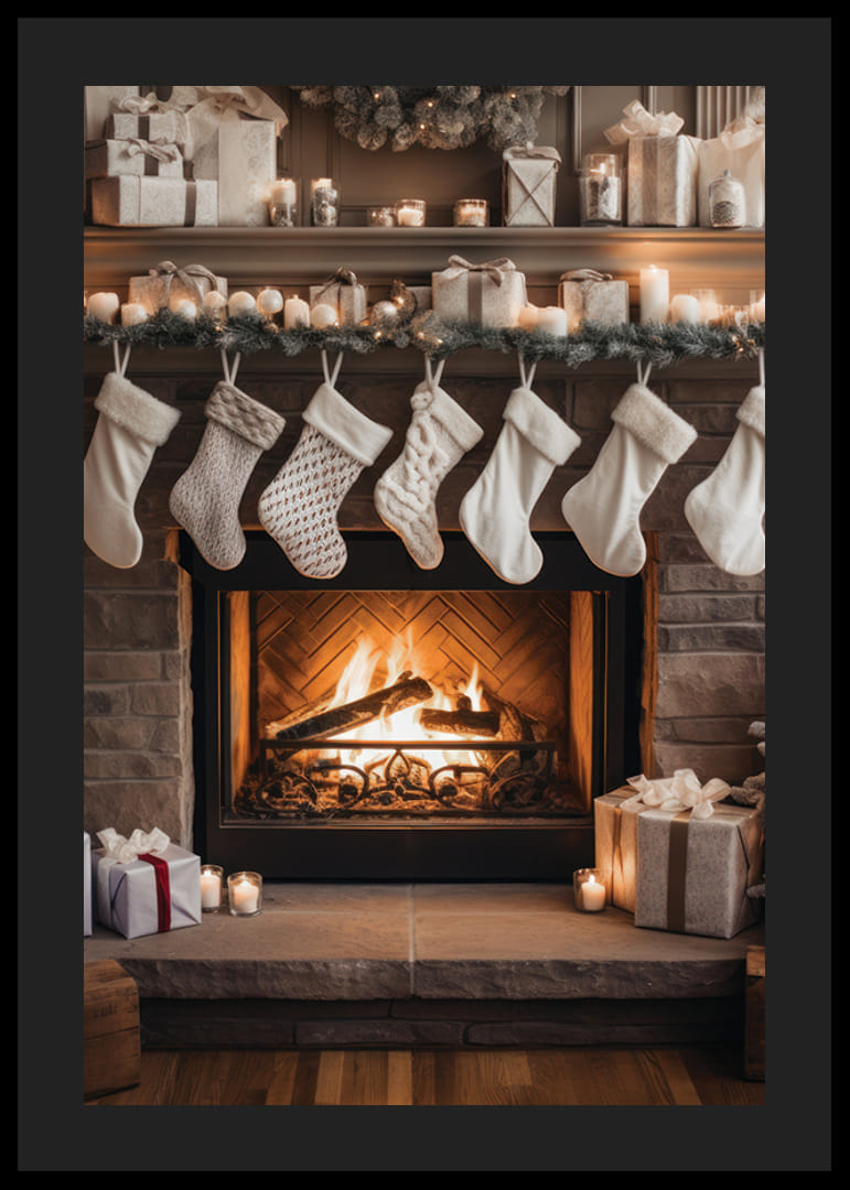 Photographie de bas de Noël blancs au-dessus d'une cheminée allumée-12