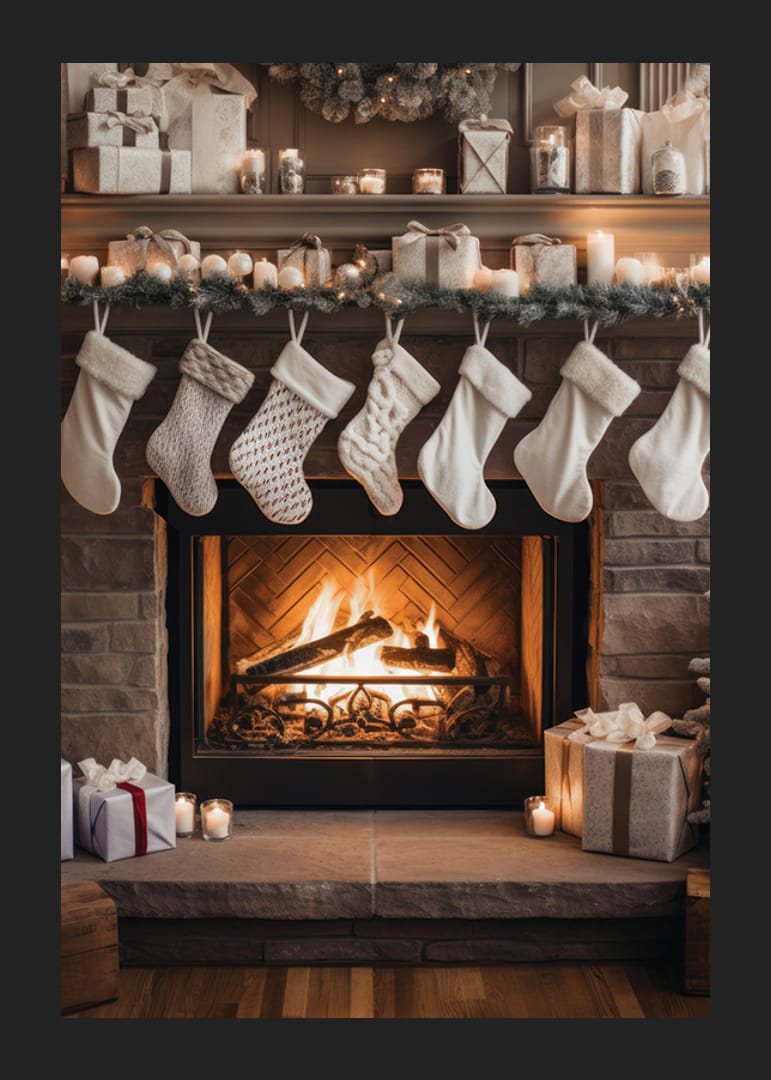 Photographie de bas de Noël blancs au-dessus d'une cheminée allumée-12