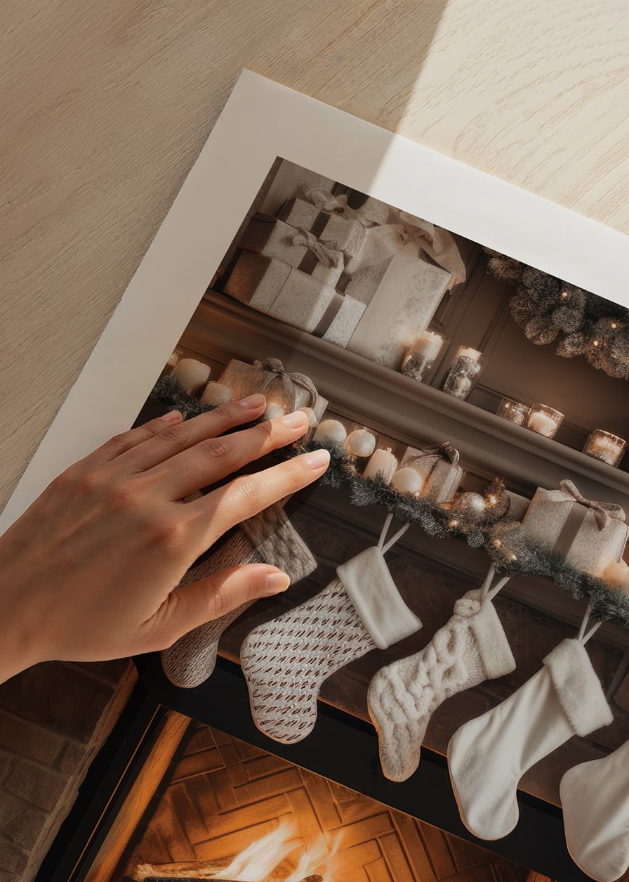 Fotografi av vita julstrumpor ovanför en tänd eldstad-12