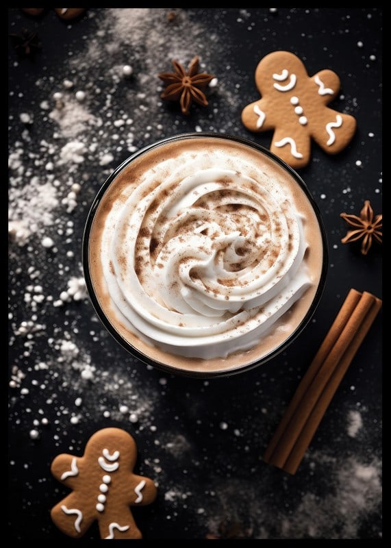 Cup of coffee with cream, cinnamon, gingerbread and star anise-12