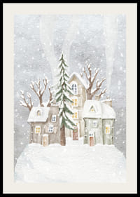 Ilustración de acuarela de un pueblo invernal con casas cubiertas de nieve y abetos.-2
