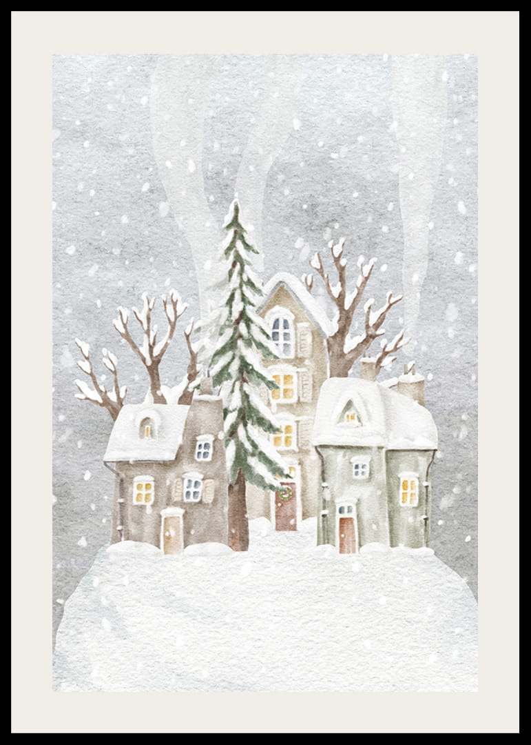 Ilustración de acuarela de un pueblo invernal con casas cubiertas de nieve y abetos.-12