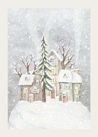 Ilustración de acuarela de un pueblo invernal con casas cubiertas de nieve y abetos.-3