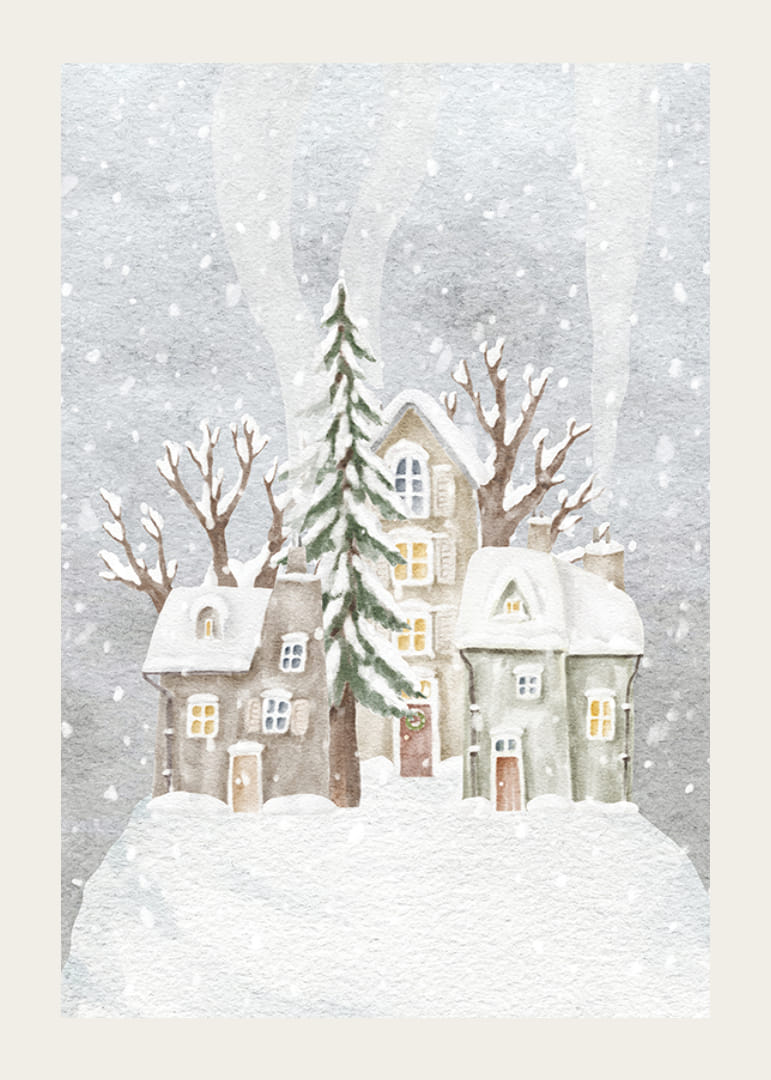 Ilustración de acuarela de un pueblo invernal con casas cubiertas de nieve y abetos.-12