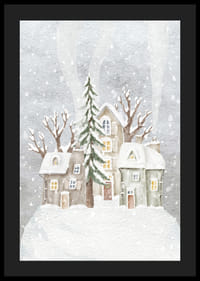 Ilustración de acuarela de un pueblo invernal con casas cubiertas de nieve y abetos.-4