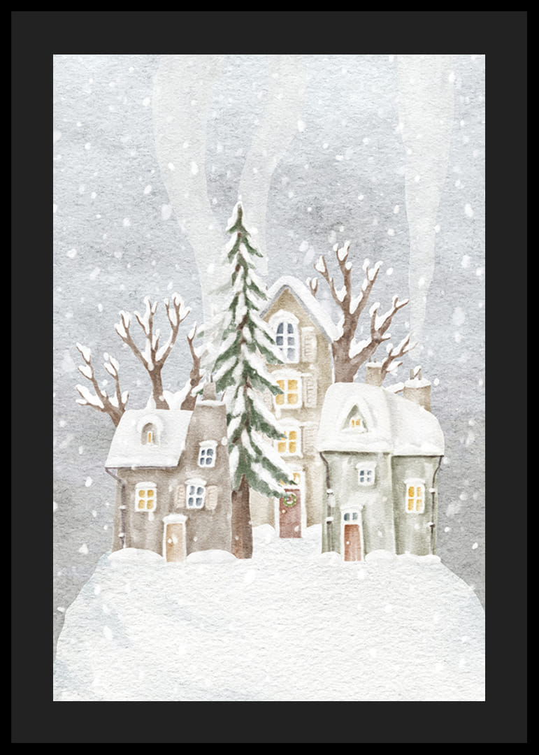 Ilustración de acuarela de un pueblo invernal con casas cubiertas de nieve y abetos.-12