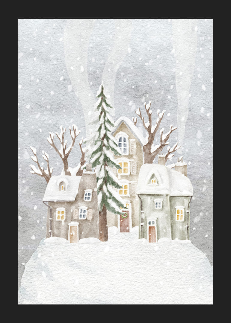 Ilustración de acuarela de un pueblo invernal con casas cubiertas de nieve y abetos.-12
