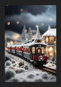 Treno decorato per Natale attraverso un paesaggio invernale innevato, luce serale-5