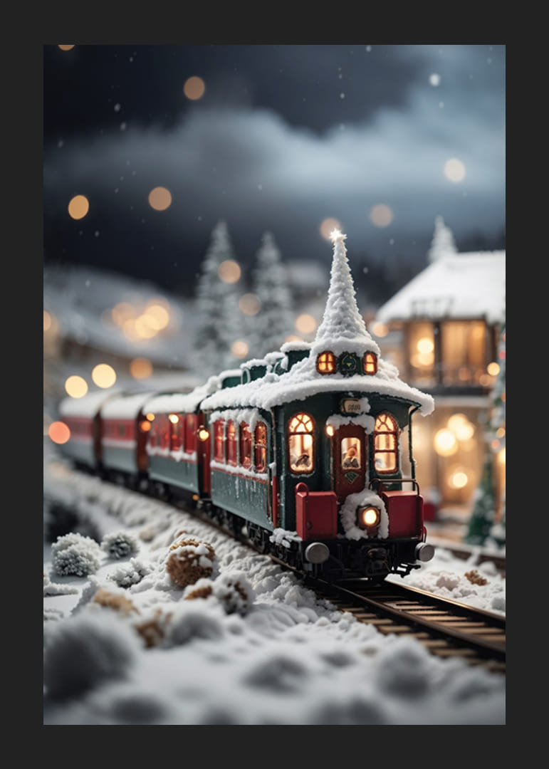 Treno decorato per Natale attraverso un paesaggio invernale innevato, luce serale-12