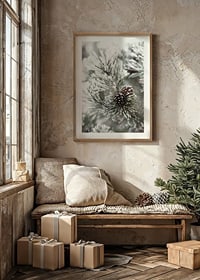 Photograph of fir branches with snow and pine cones, wintry motif-8