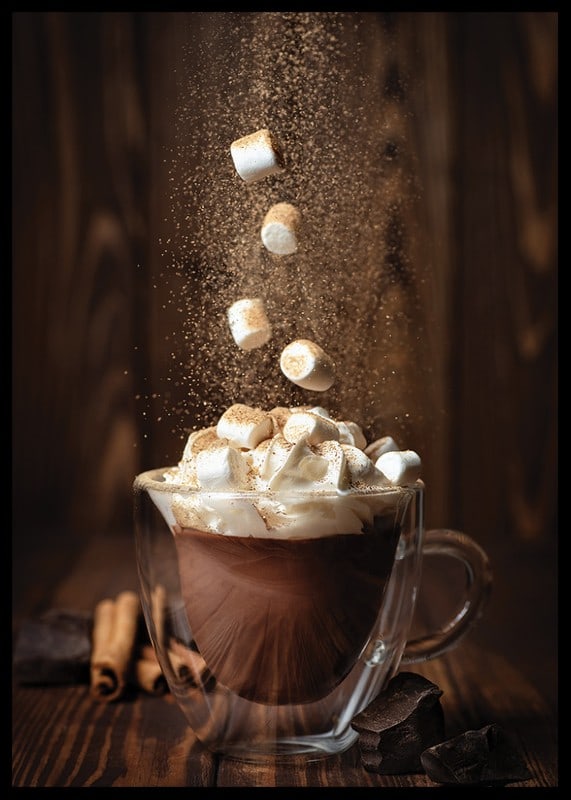 Hot chocolate with whipped cream and marshmallows, dark wood tones-12