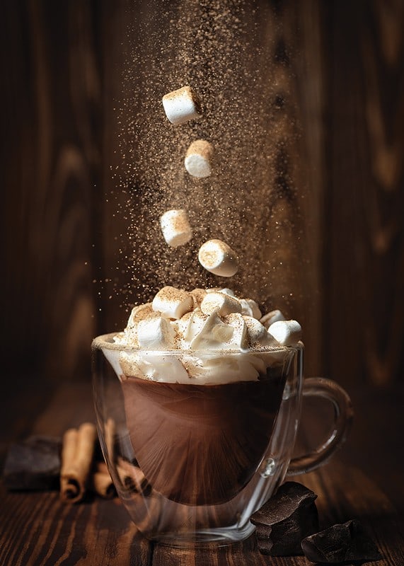 Hot chocolate with whipped cream and marshmallows, dark wood tones-12