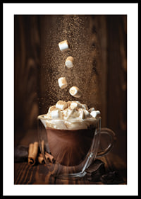 Hot chocolate with whipped cream and marshmallows, dark wood tones-0