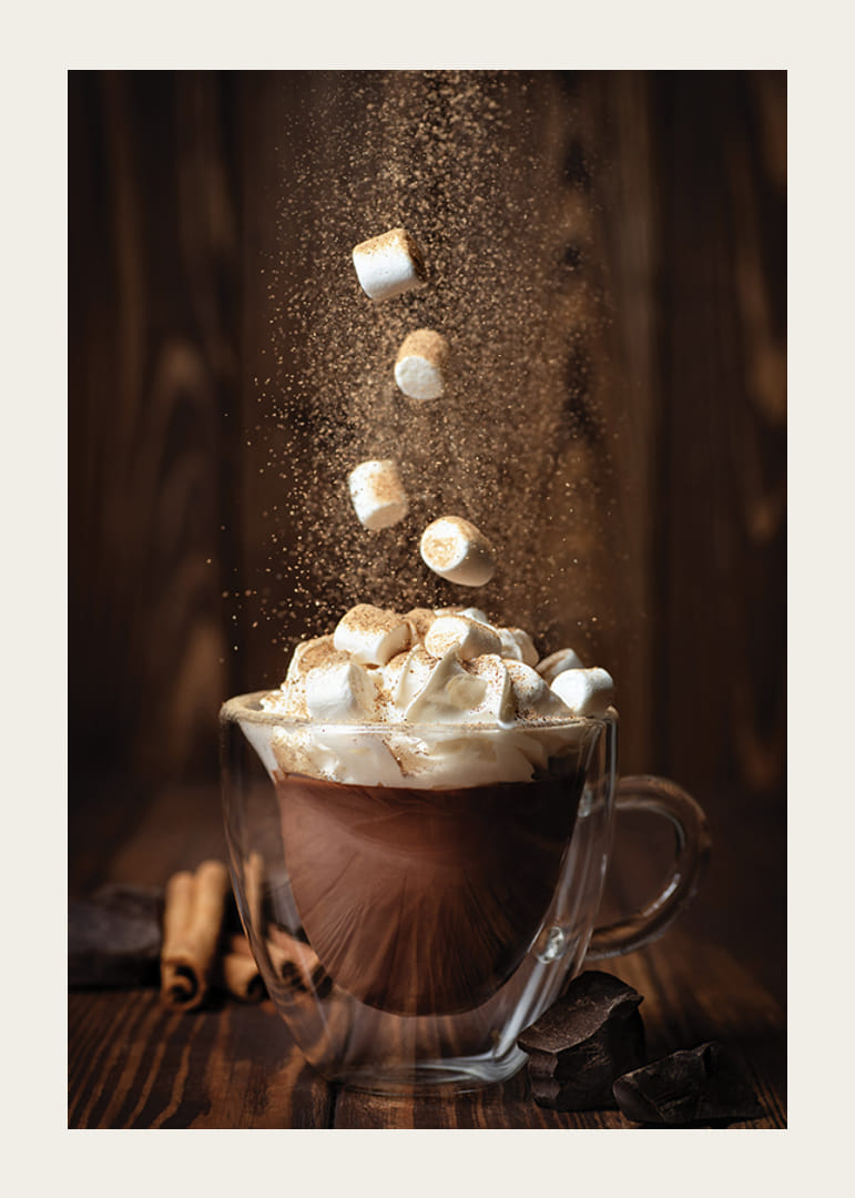 Hot chocolate with whipped cream and marshmallows, dark wood tones-12
