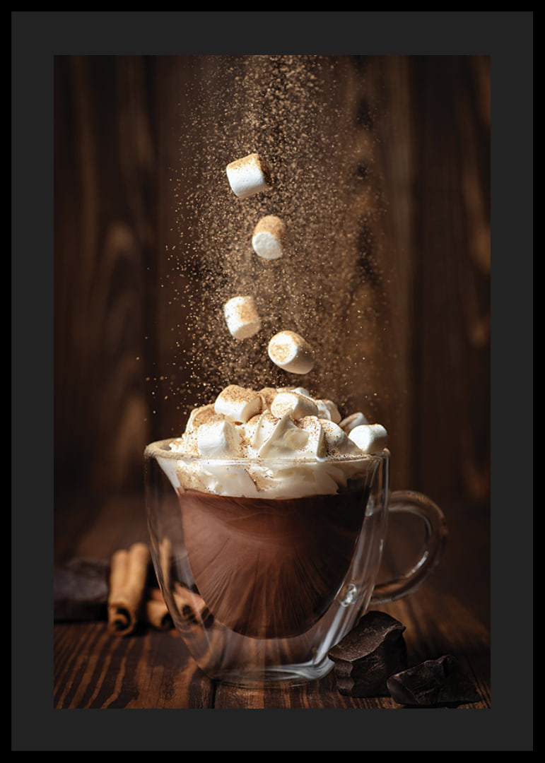 Hot chocolate with whipped cream and marshmallows, dark wood tones-12