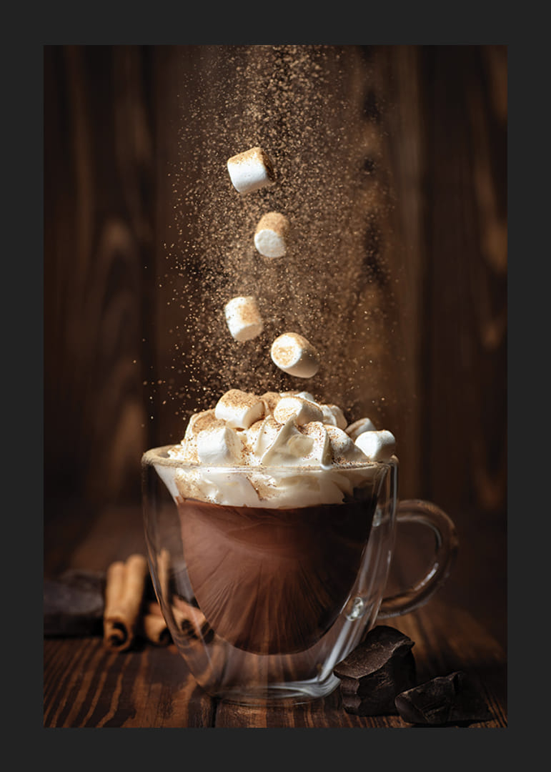 Hot chocolate with whipped cream and marshmallows, dark wood tones-12