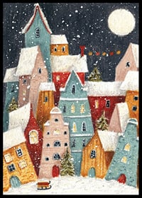 Abstract winter village with colorful houses and snowfall in night light-6