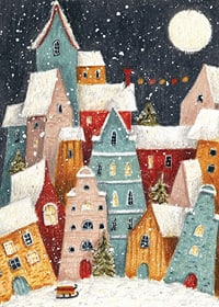 Abstract winter village with colorful houses and snowfall in night light-7