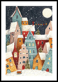 Abstract winter village with colorful houses and snowfall in night light-0