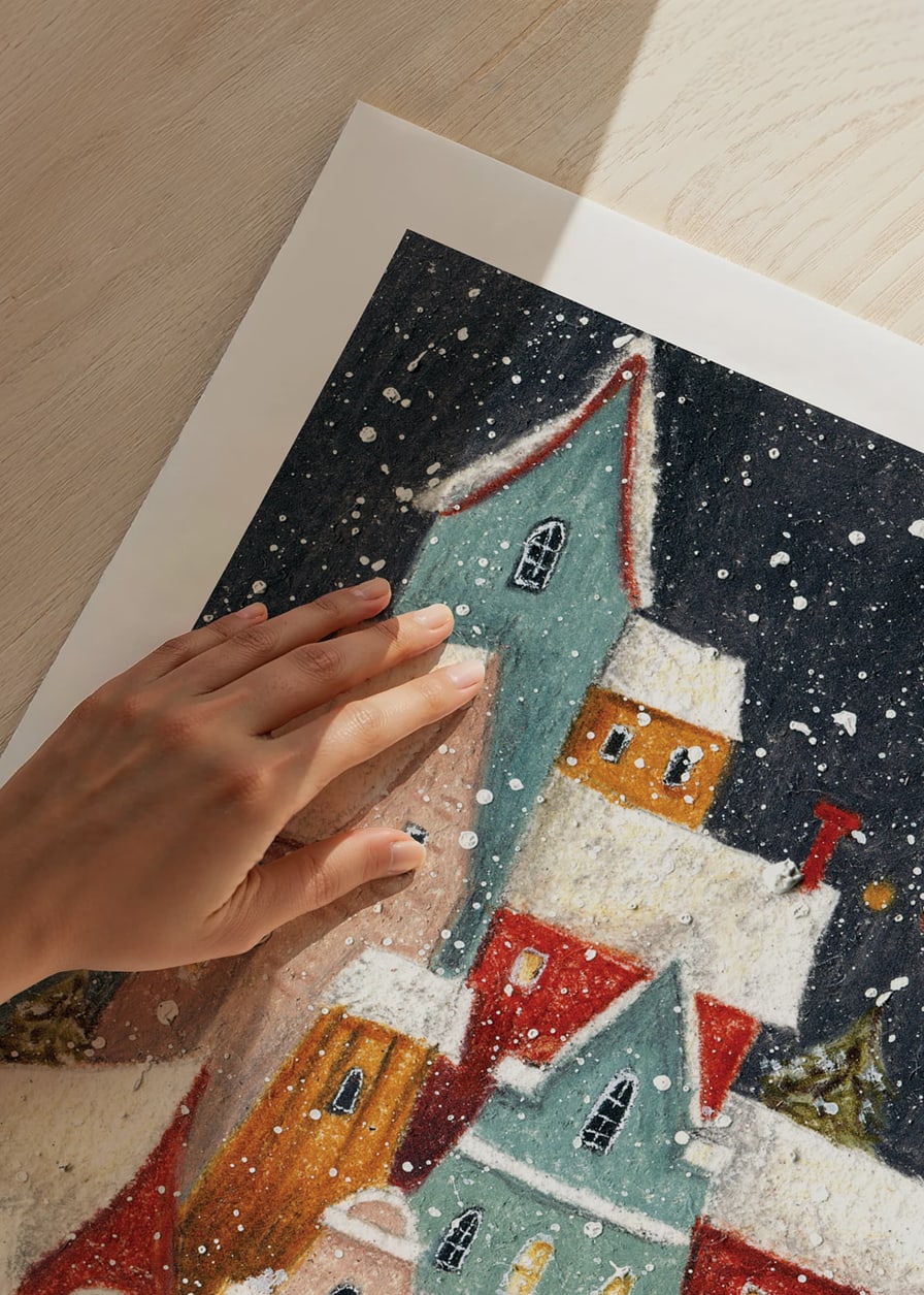 Abstract winter village with colorful houses and snowfall in night light-12