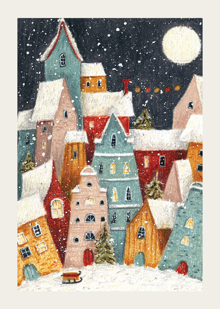 Abstraktná zimná dedina s farebnými domami a snežením v nočnom svetle-12