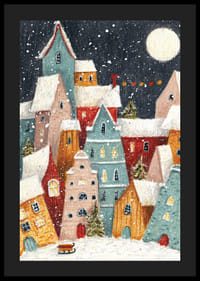 Abstraktná zimná dedina s farebnými domami a snežením v nočnom svetle-4