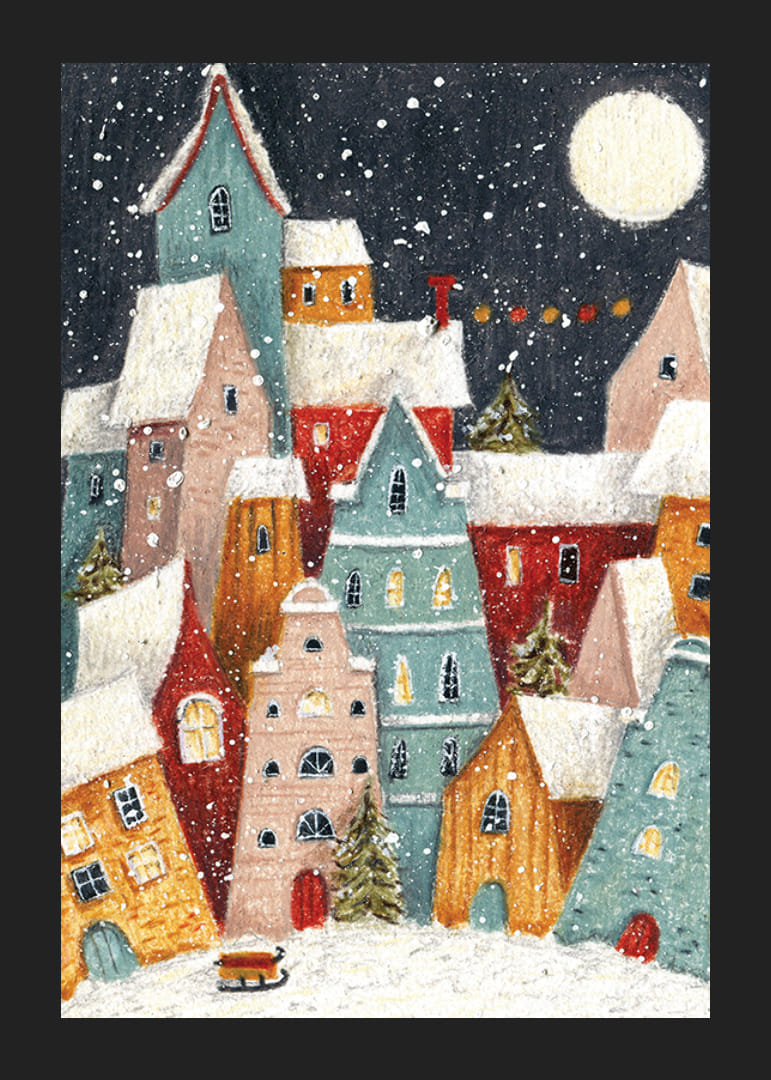 Abstraktná zimná dedina s farebnými domami a snežením v nočnom svetle-12