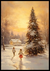 Watercolor of snow-covered village at sunset with Christmas tree-6